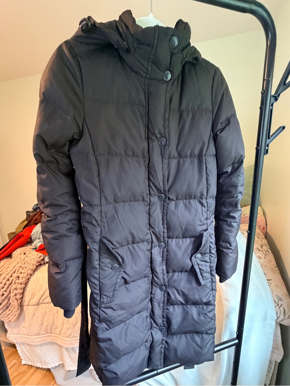J.Crew Factory Black Long Belted Down Puffer Coat Hooded XS 19471